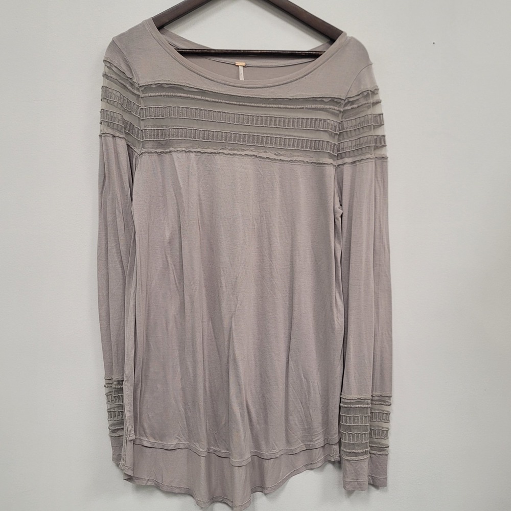 Free People Womens Roxie Long Sleeve Top Size L Gray Mesh Panels Boho Chic Long